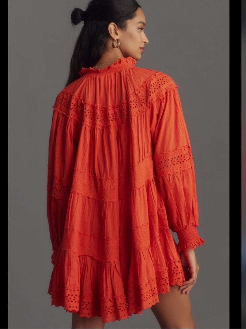 Anthropologie Maeve Long Sleeve Orange Red Mini Dress Plus Eyelet Tiered 1X EUC - Picture 9 of 9